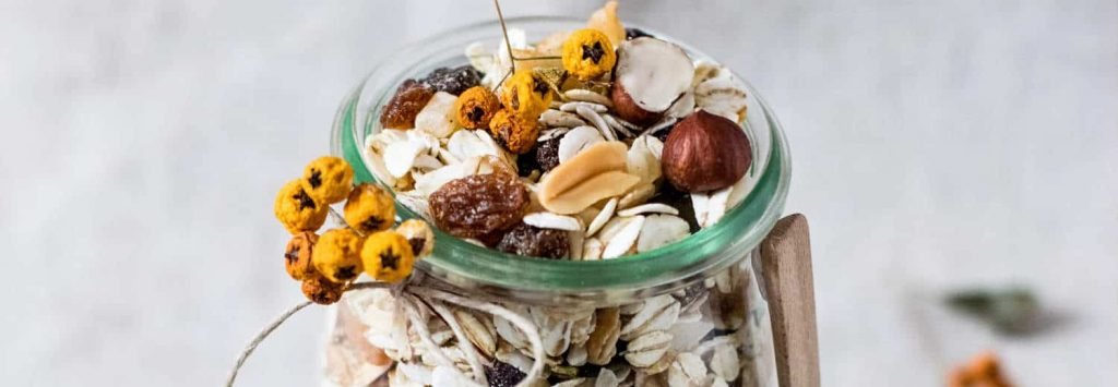 colazione con avena in fiocchi con frutta secca in vasetto di vetro